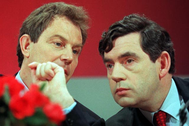 <p>Tony Blair and Gordon Brown conferring at a press conference on 10 April, 1997</p>