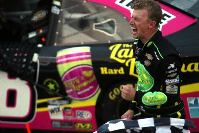 <p>File photo: Brandon Brown celebrates after winning his first Nascar race in October </p>