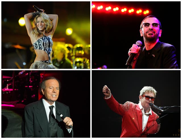 <p>Me and Julio down by the tax haven: (clockwise, from top left) Shakira, Ringo Starr, Elton John and Julio Iglesias have all been named in the Pandora Papers</p>
