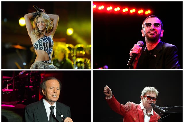 <p>Me and Julio down by the tax haven: (clockwise, from top left) Shakira, Ringo Starr, Elton John and Julio Iglesias have all been named in the Pandora Papers</p>