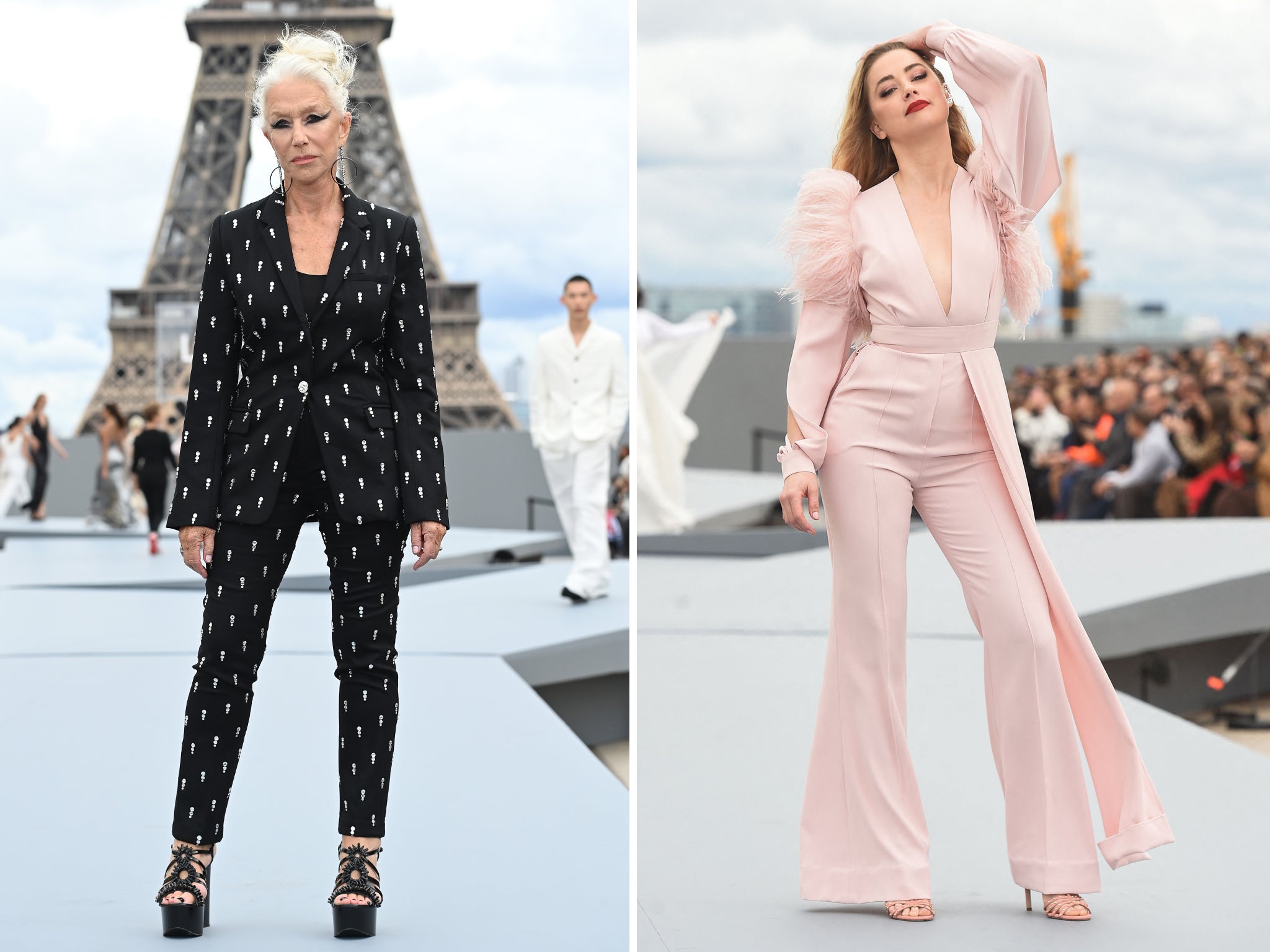 Dame Helen Mirren (L) and Amber Heard (R) on the L’Oreal catwalk at Paris Fashion Walk 2021