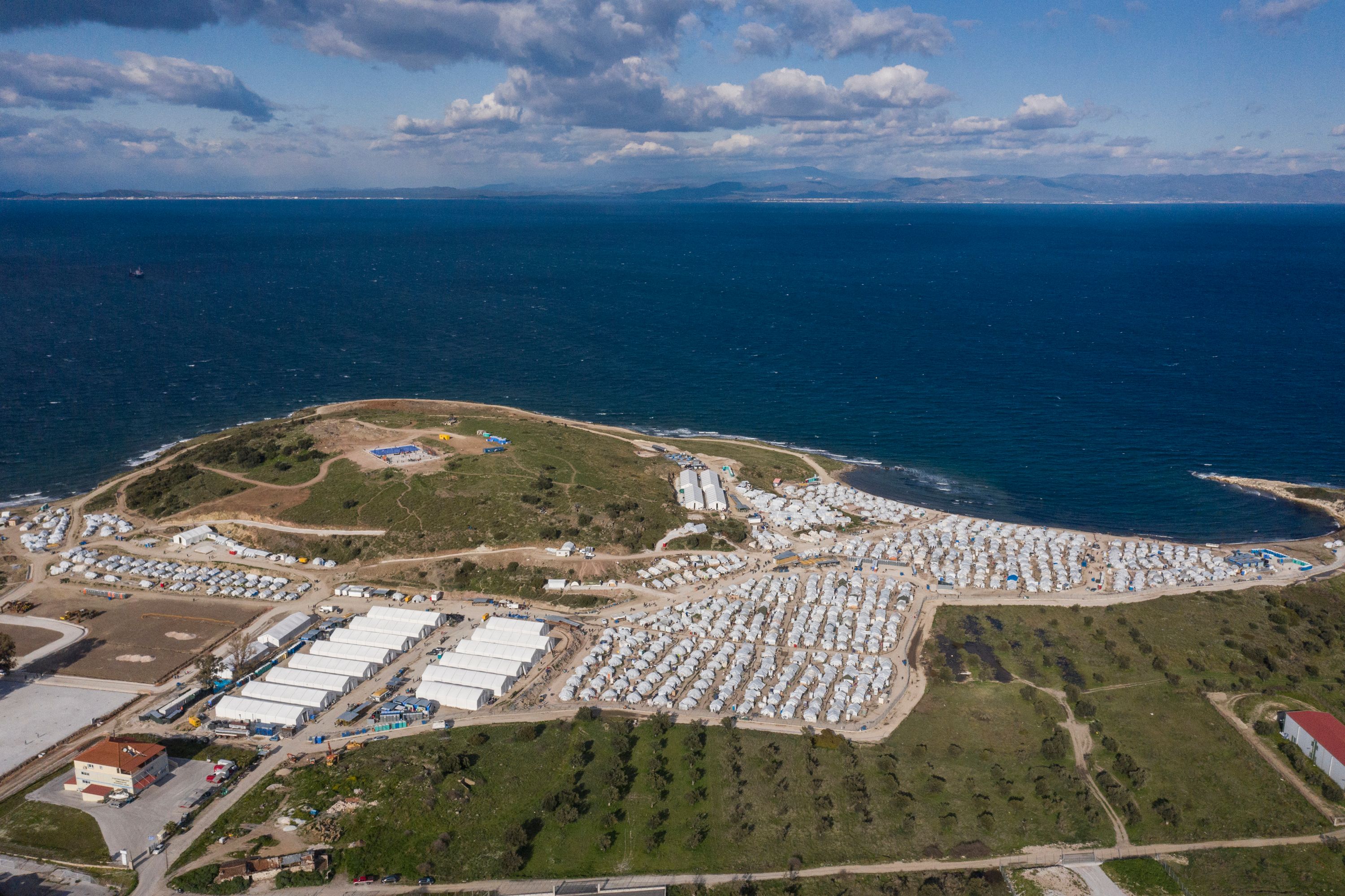 An aerial view of the new refugee camp of Kara Tepe on Lesbos