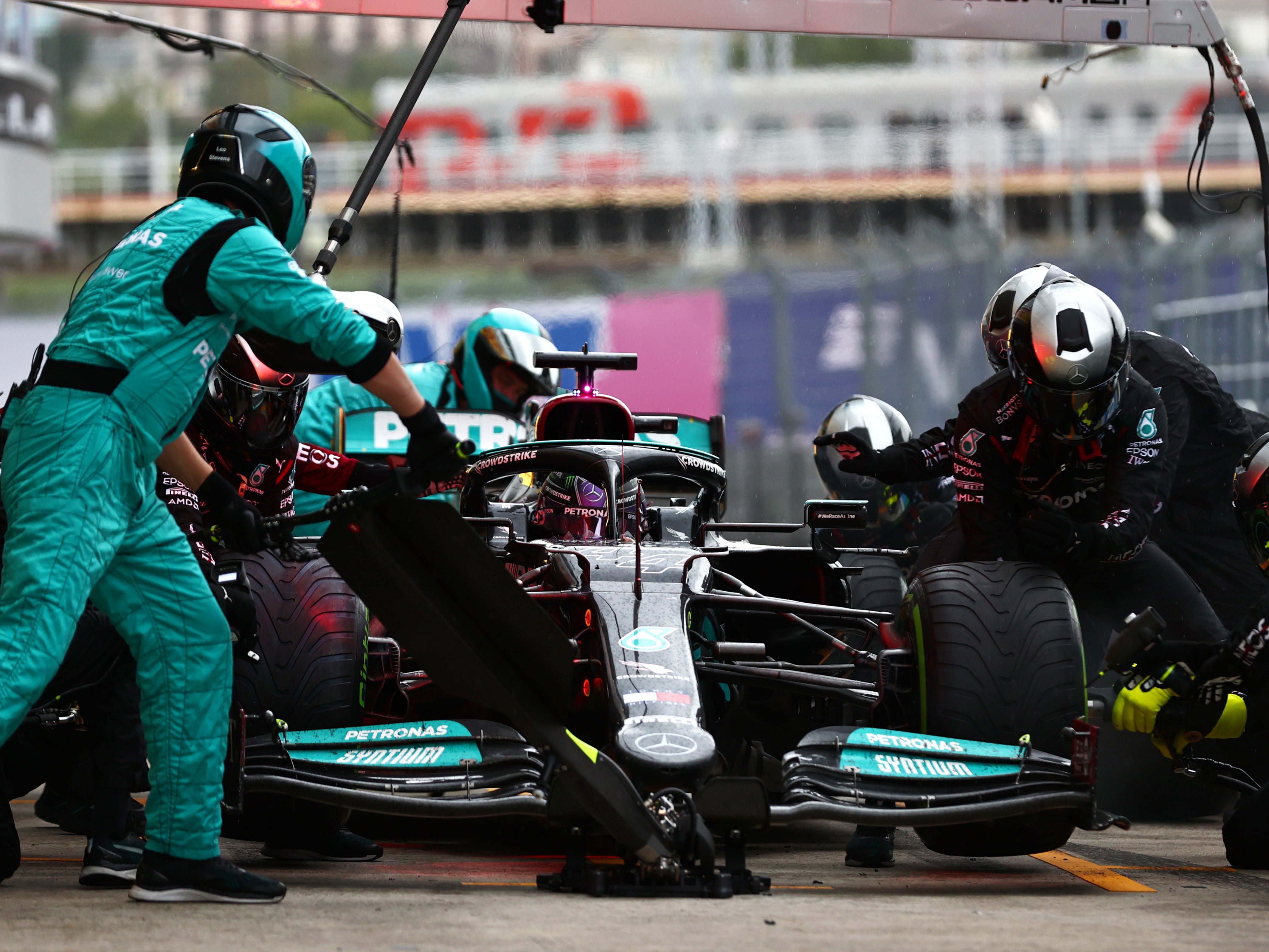 Lewis Hamilton during a pit-stop at the Russian Grand Prix
