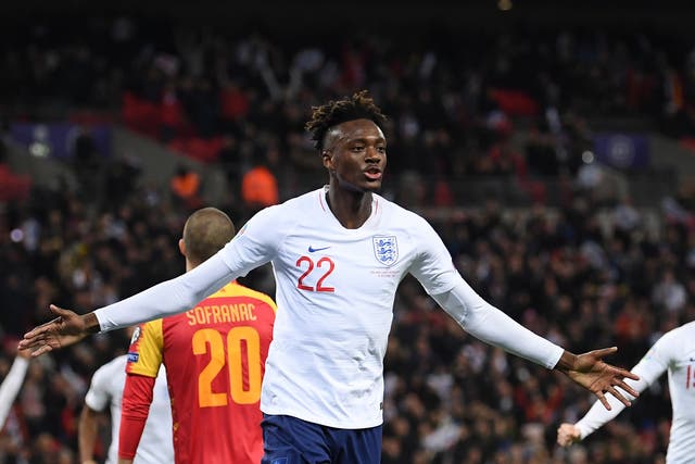 <p>Roma striker Tammy Abraham in action for England</p>