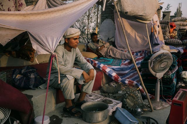 <p>A family waits for buyers in a sprawling market that has appeared near Ghazi Stadium in Kabul </p>