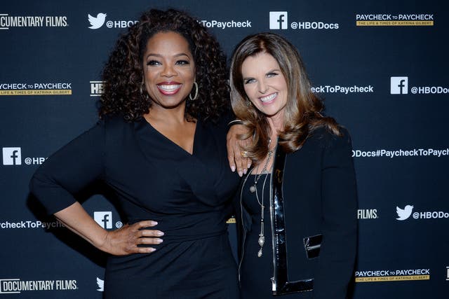 <p>Oprah Winfrey (L) and executive producer Maria Shriver attend the premiere of HBO Documentary Films' "Paycheck To Paycheck" at Linwood Dunn Theater at the Pickford Center for Motion Study on March 10, 2014</p>