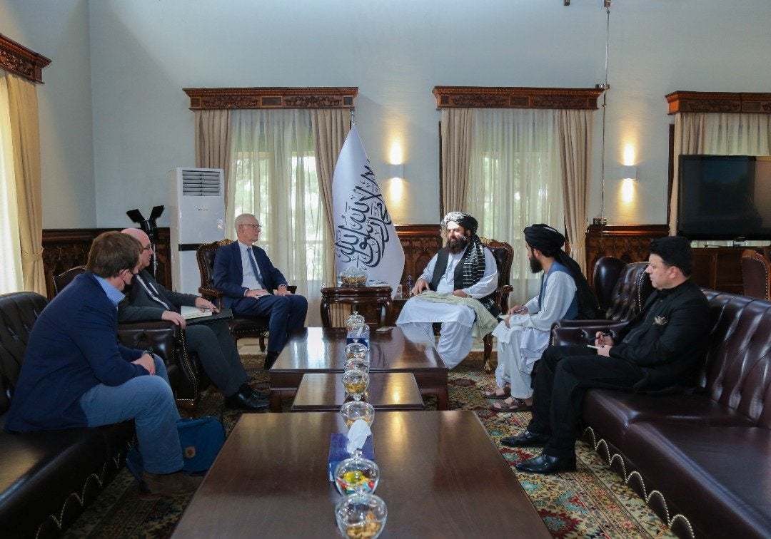 Simon Gass, Britain’s high representative for Afghanistan, meets with Taliban acting foreign minister Amir Khan Muttaqi