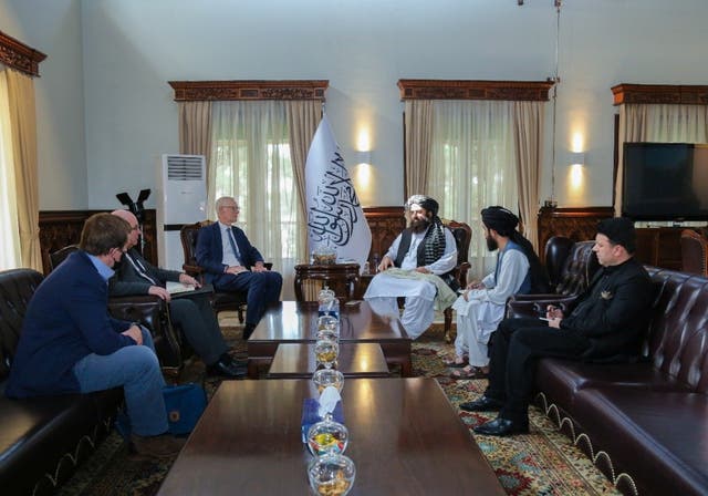 <p>Simon Gass, Britain’s high representative for Afghanistan, meets with Taliban acting foreign minister Amir Khan Muttaqi</p>