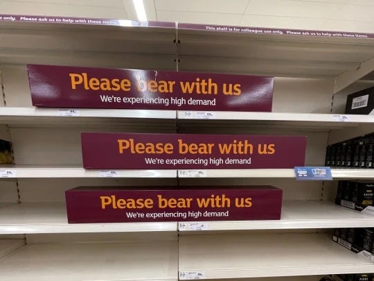 Empty shelves in Camberley Sainsbury’s, Surrey