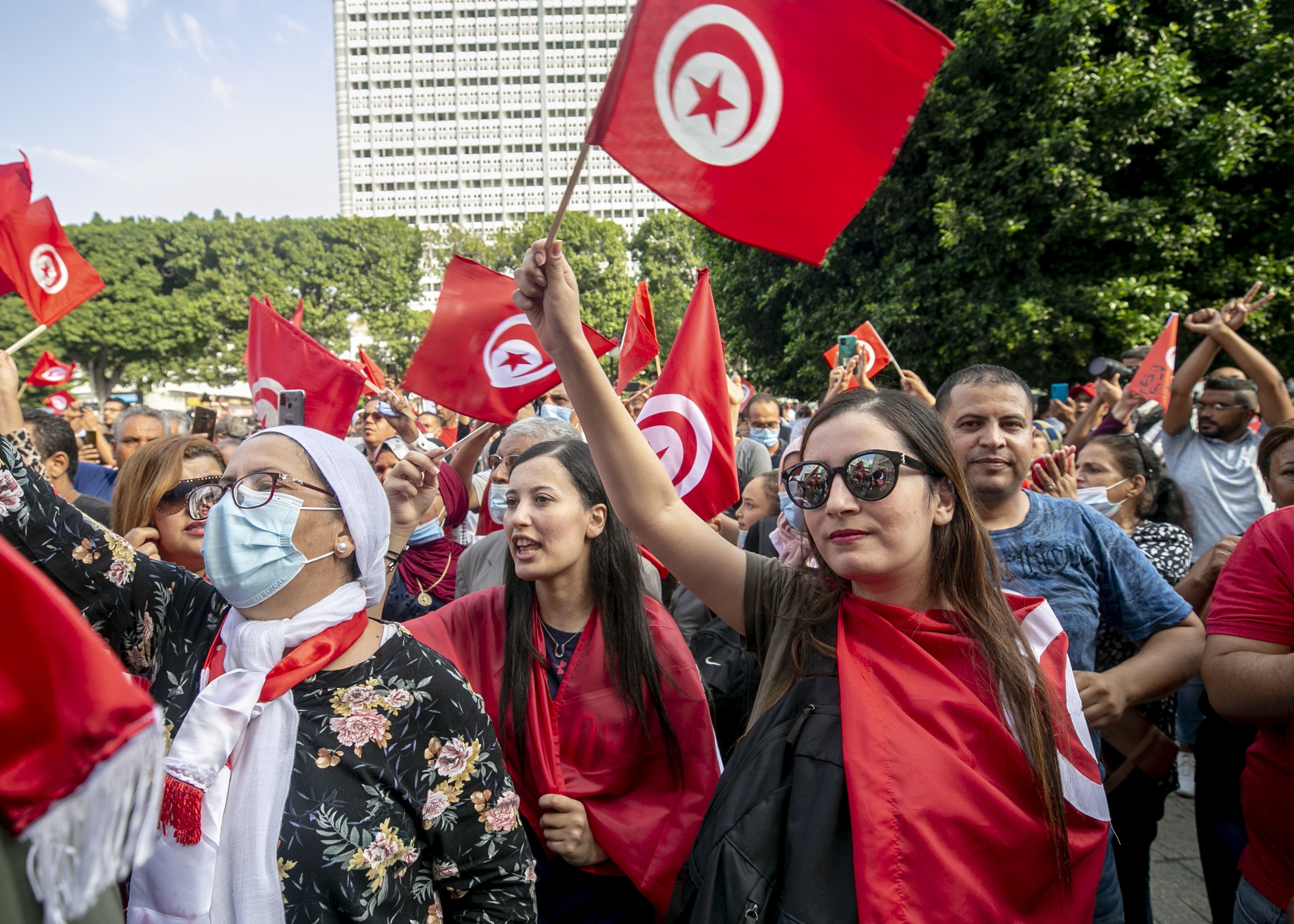 Demonstrators gather at Avenue Habib Bourguiba, in Tunis, to show their support for President Kais Saied