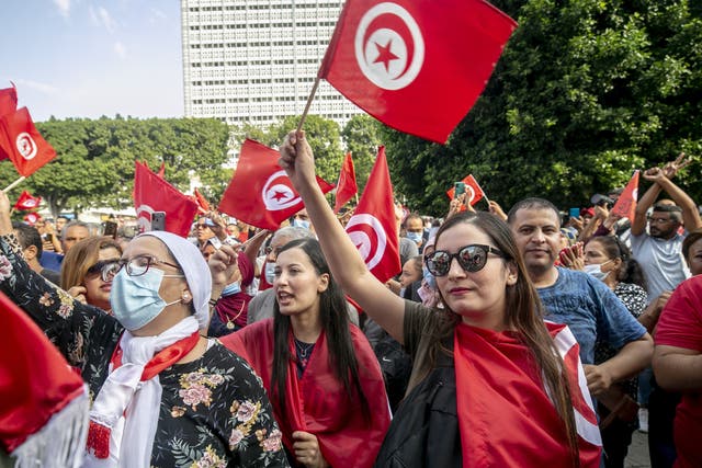 <p>Demonstrators gather at Avenue Habib Bourguiba, in Tunis, to show their support for President Kais Saied</p>