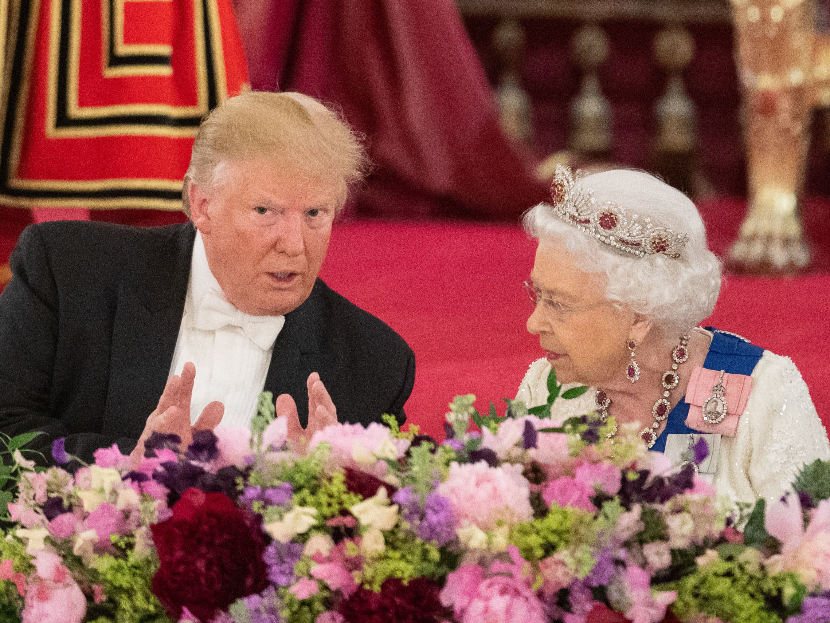 <p>US President Donald Trump and Queen Elizabeth II attend a State Banquet at Buckingham Palace on June 3, 2019 in London, England</p>