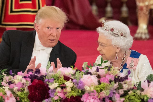 <p>US President Donald Trump and Queen Elizabeth II attend a State Banquet at Buckingham Palace on June 3, 2019 in London, England</p>