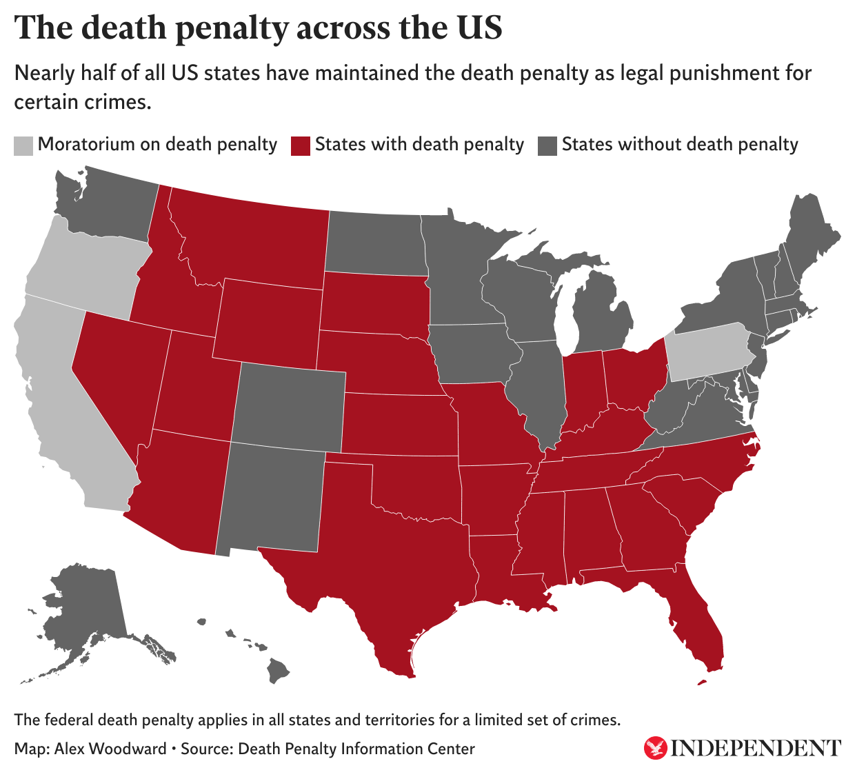 This map shows which US states still have the death penalty, and which have abolished or temporarily banned it