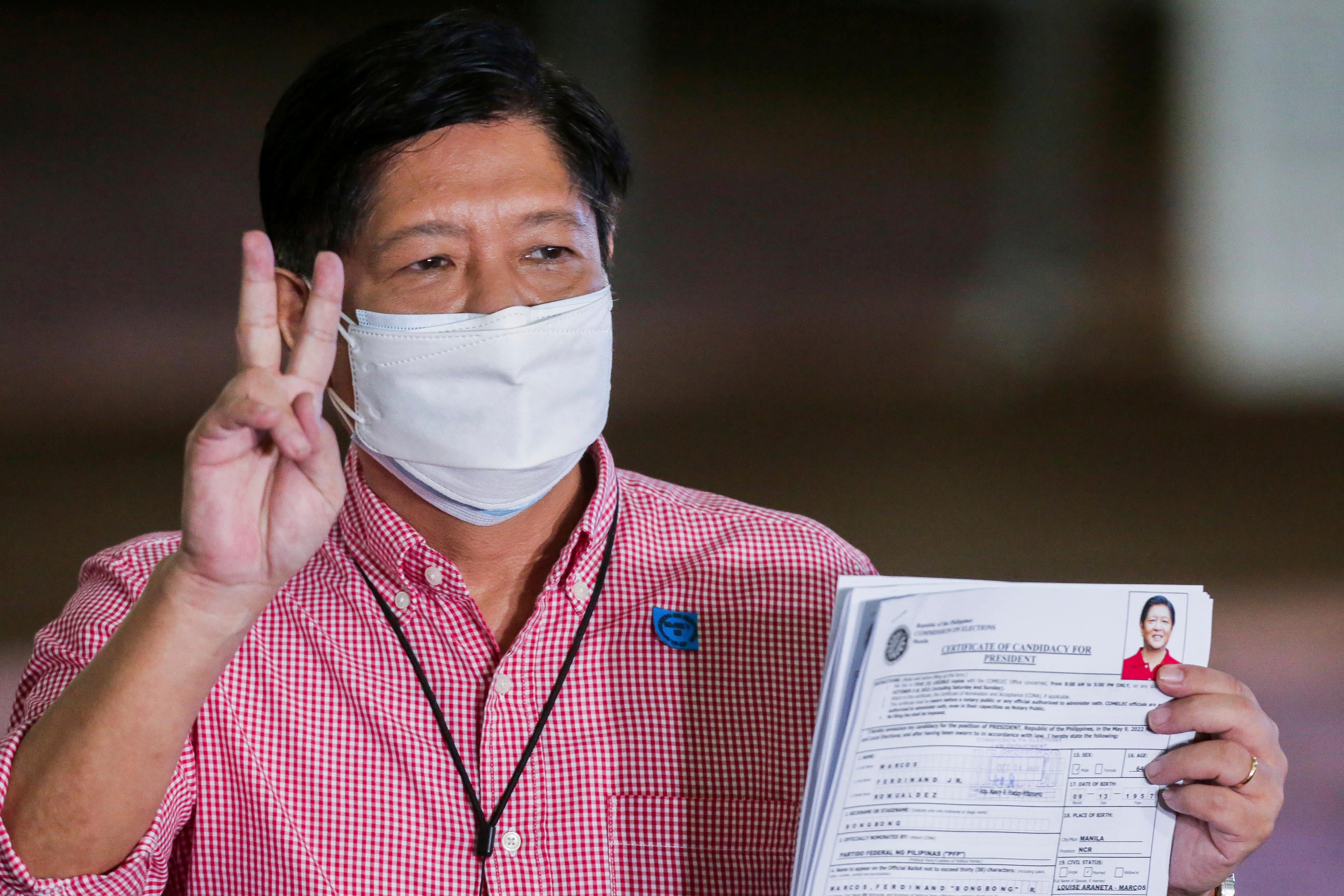Former senator Ferdinand ‘Bongbong’ Marcos Jr poses after filing his certificate of candidacy