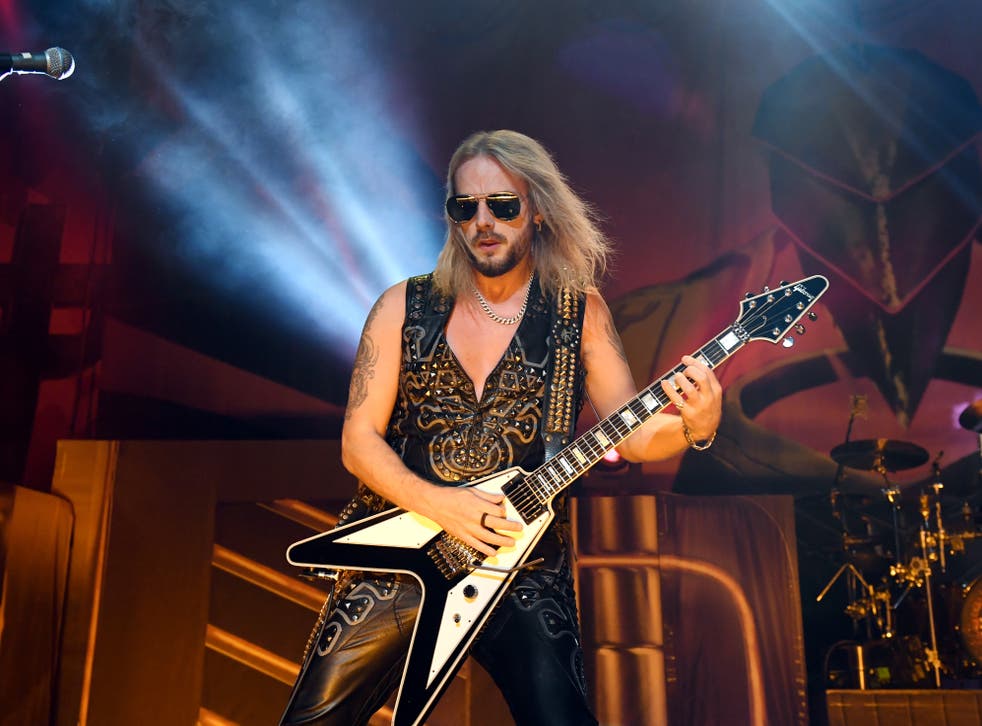 <p>Richie Faulkner performing with Judas Priest in 2019</p>