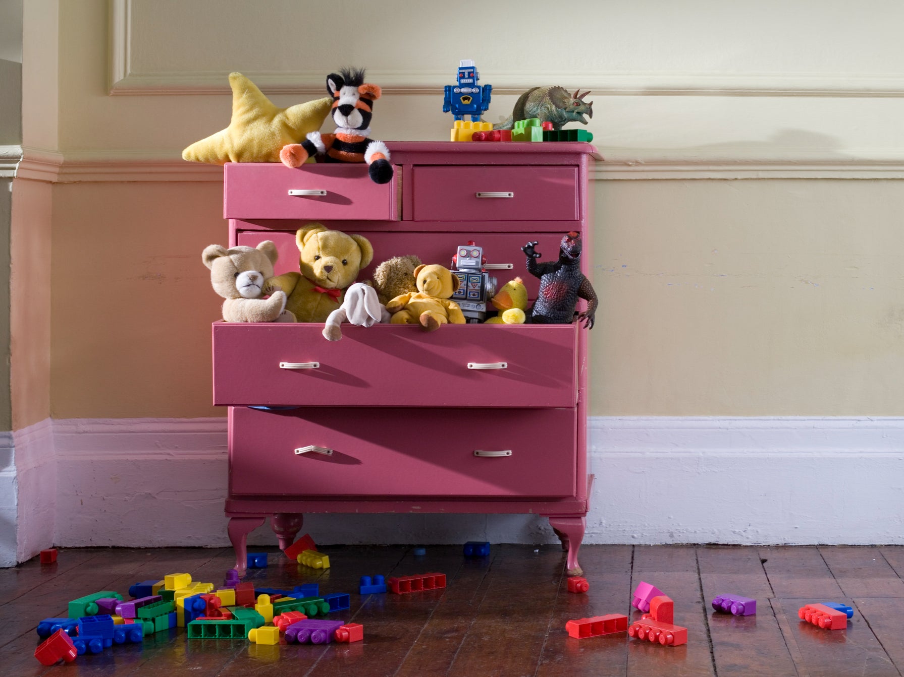 <p>Children’s toy chest with stuffed toys and building blocks </p>