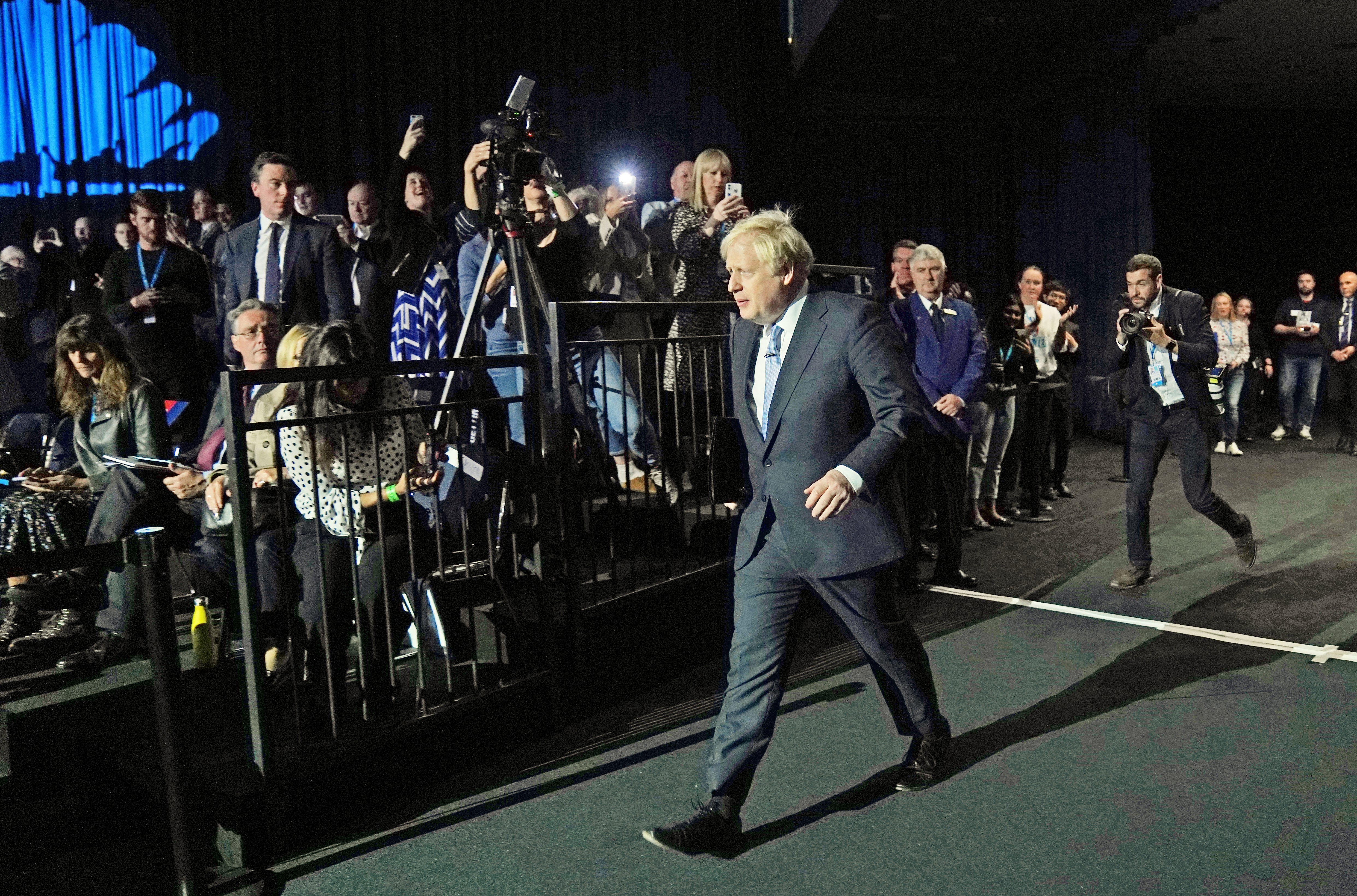 Boris Johnson arrives to deliver his speech at the Conservative Party conference