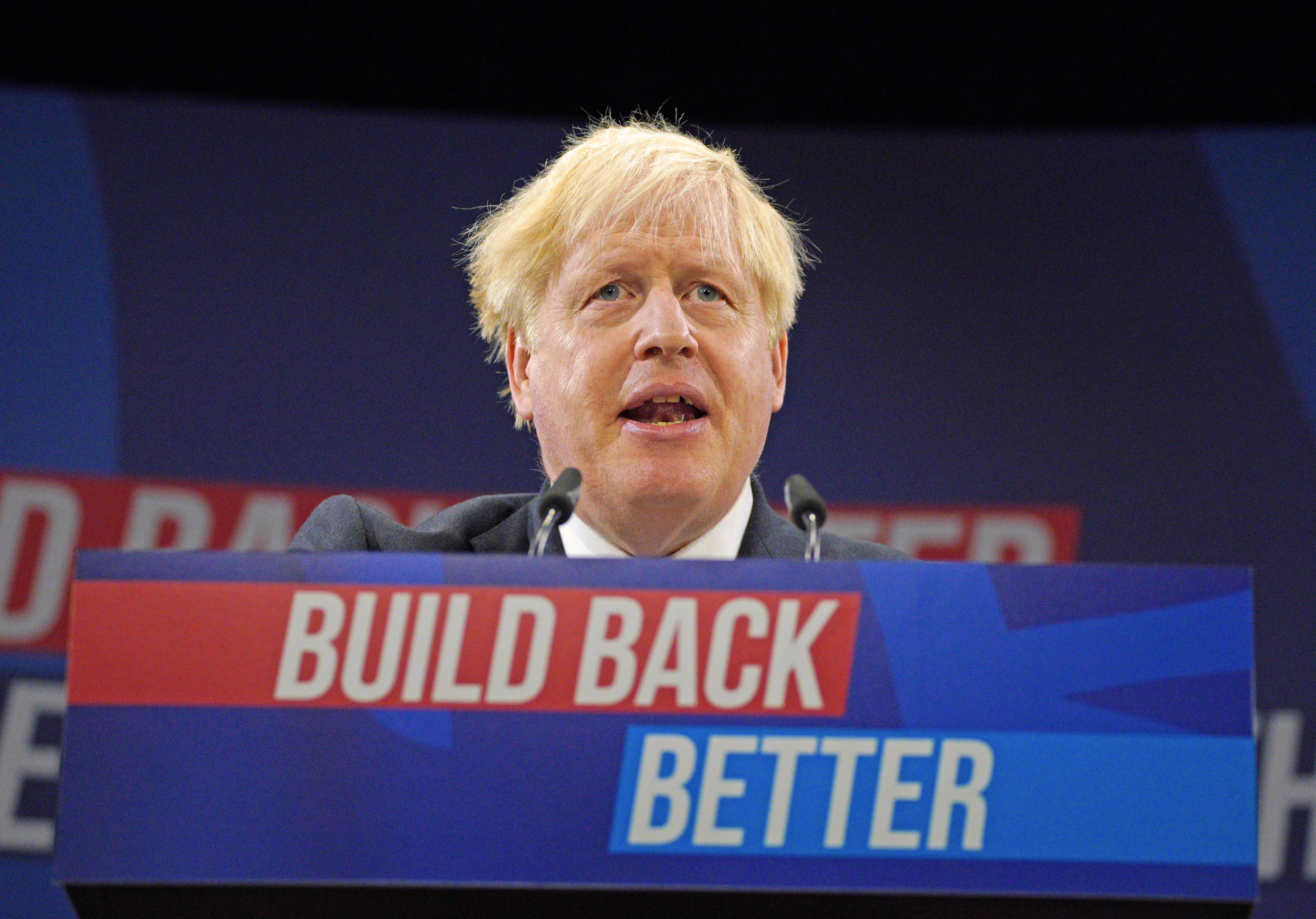 Prime Minister Boris Johnson delivers his keynote speech at the Conservative party conference in Manchester (PA)