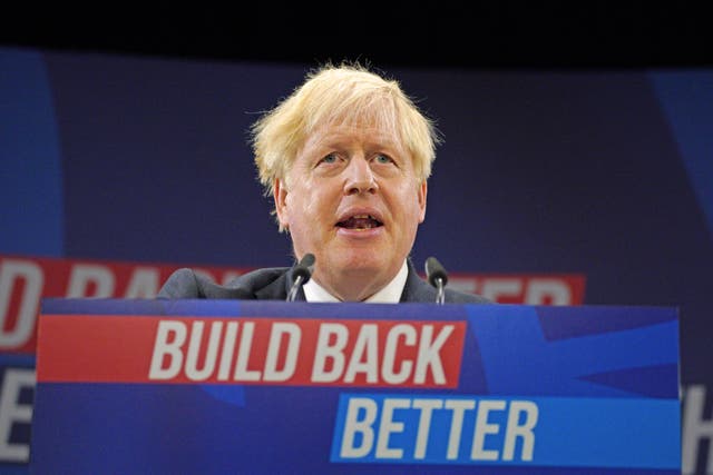 Prime Minister Boris Johnson delivers his keynote speech at the Conservative party conference in Manchester (PA)