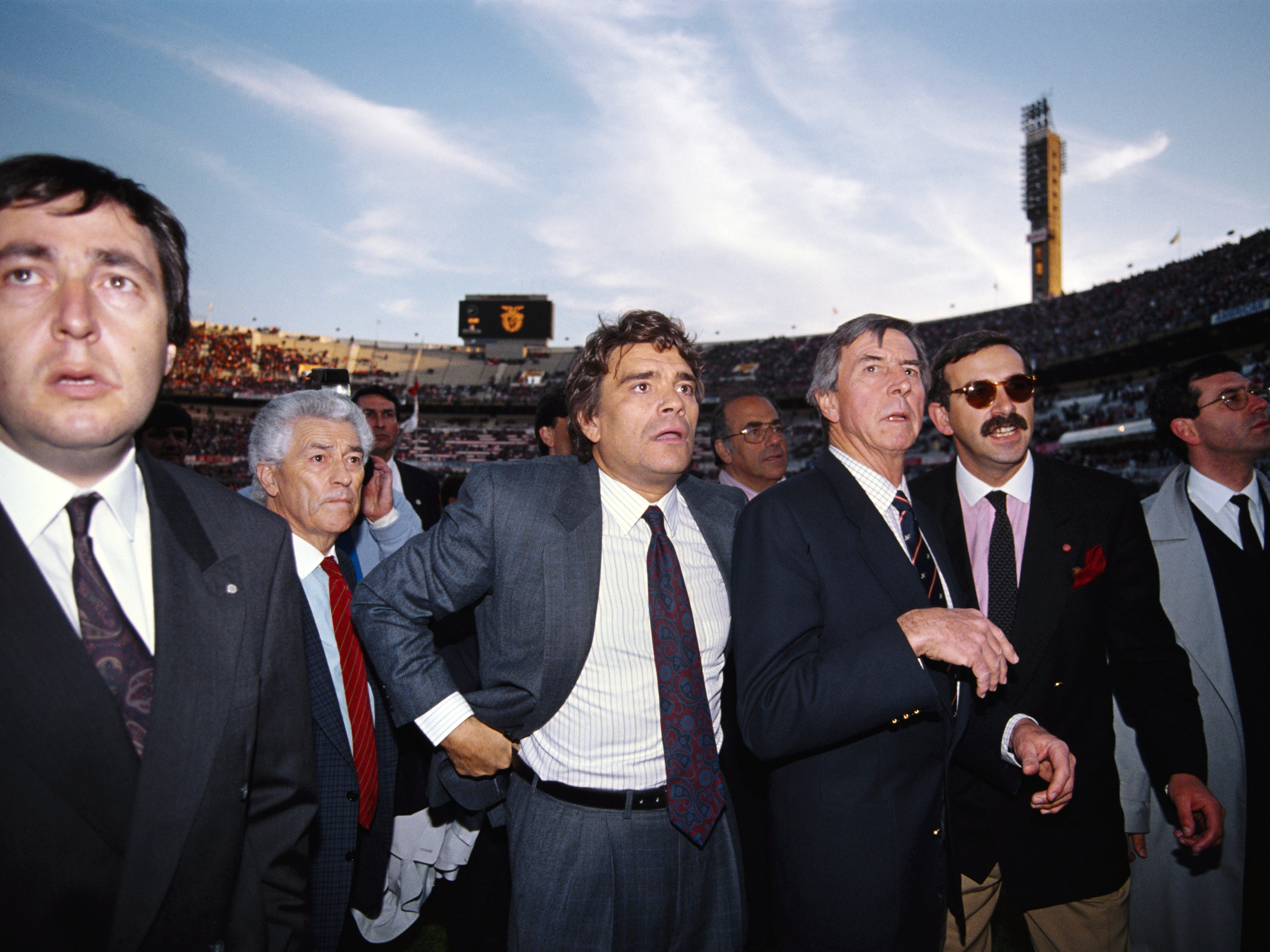Tapie (third left) at the 1990 European Cup semi-final second leg in Lisbon, where his Marseille side were knocked out by Benfica