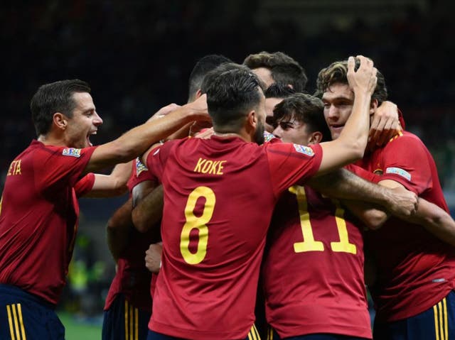 <p>Spain celebrate Ferran Torres’ first goal</p>