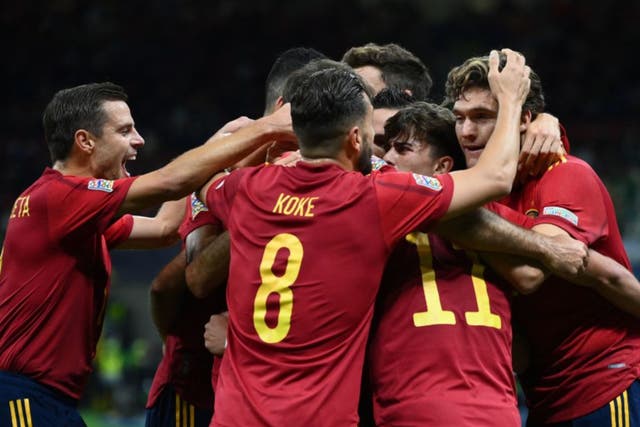 <p>Spain celebrate Ferran Torres’ first goal</p>