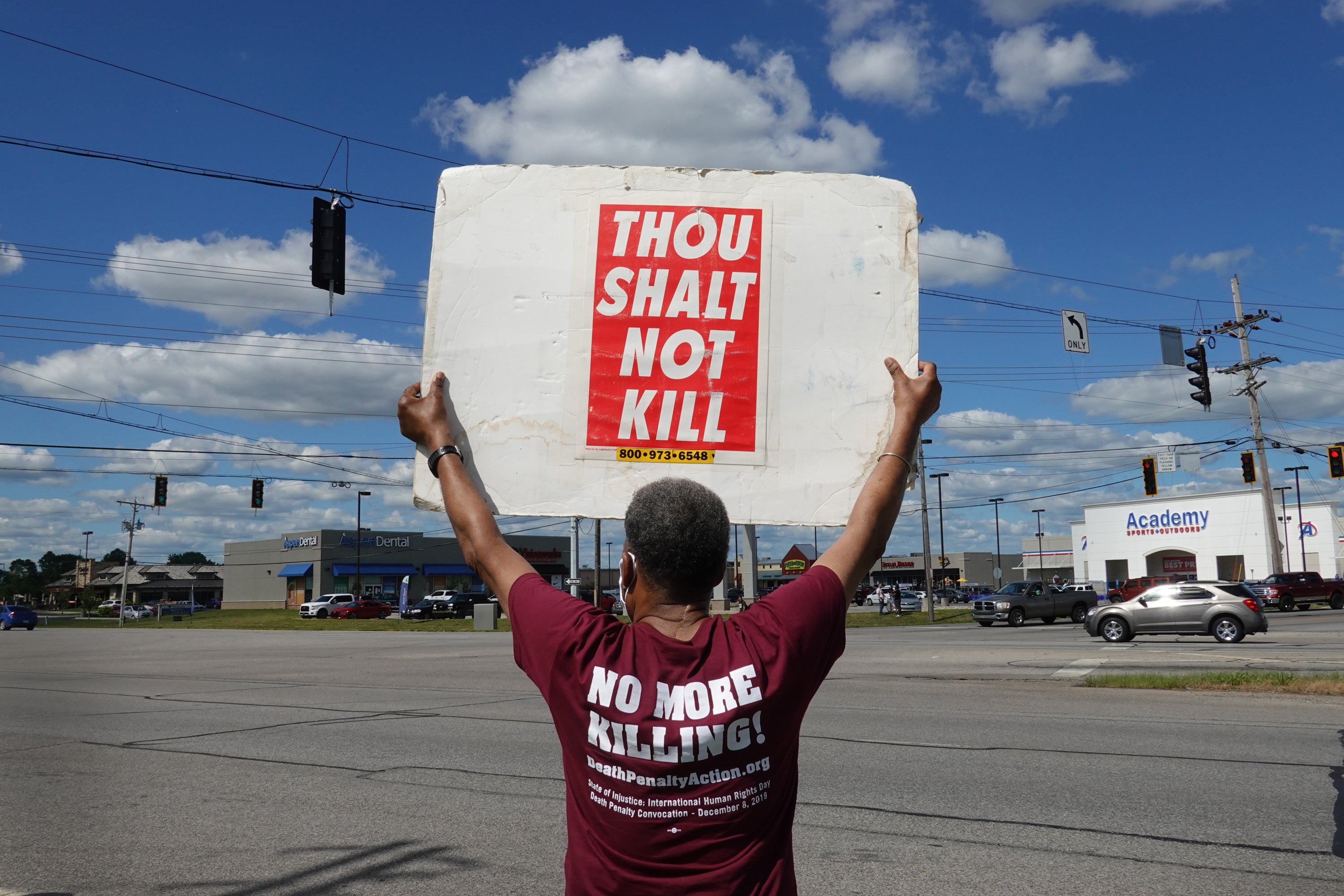 Sylvester Edwards expresses his opposition to the death penalty during a protest near the Federal Correctional Complex in Terre Haute, Indiana