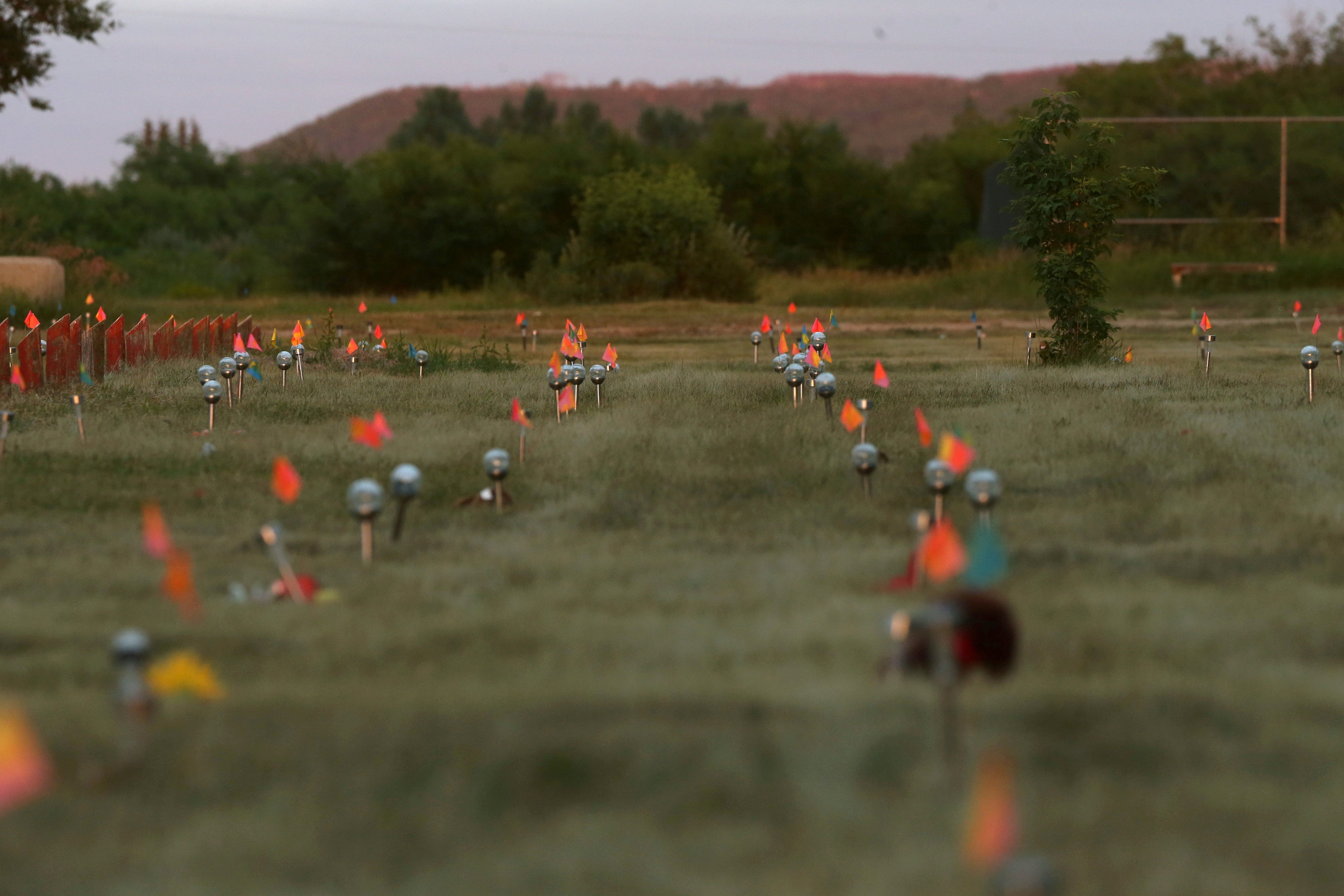 Recently installed solar lights mark burial sites on Cowessess First Nation, where a search had found 751 unmarked graves from the former Marieval Indian Residential School near Grayson