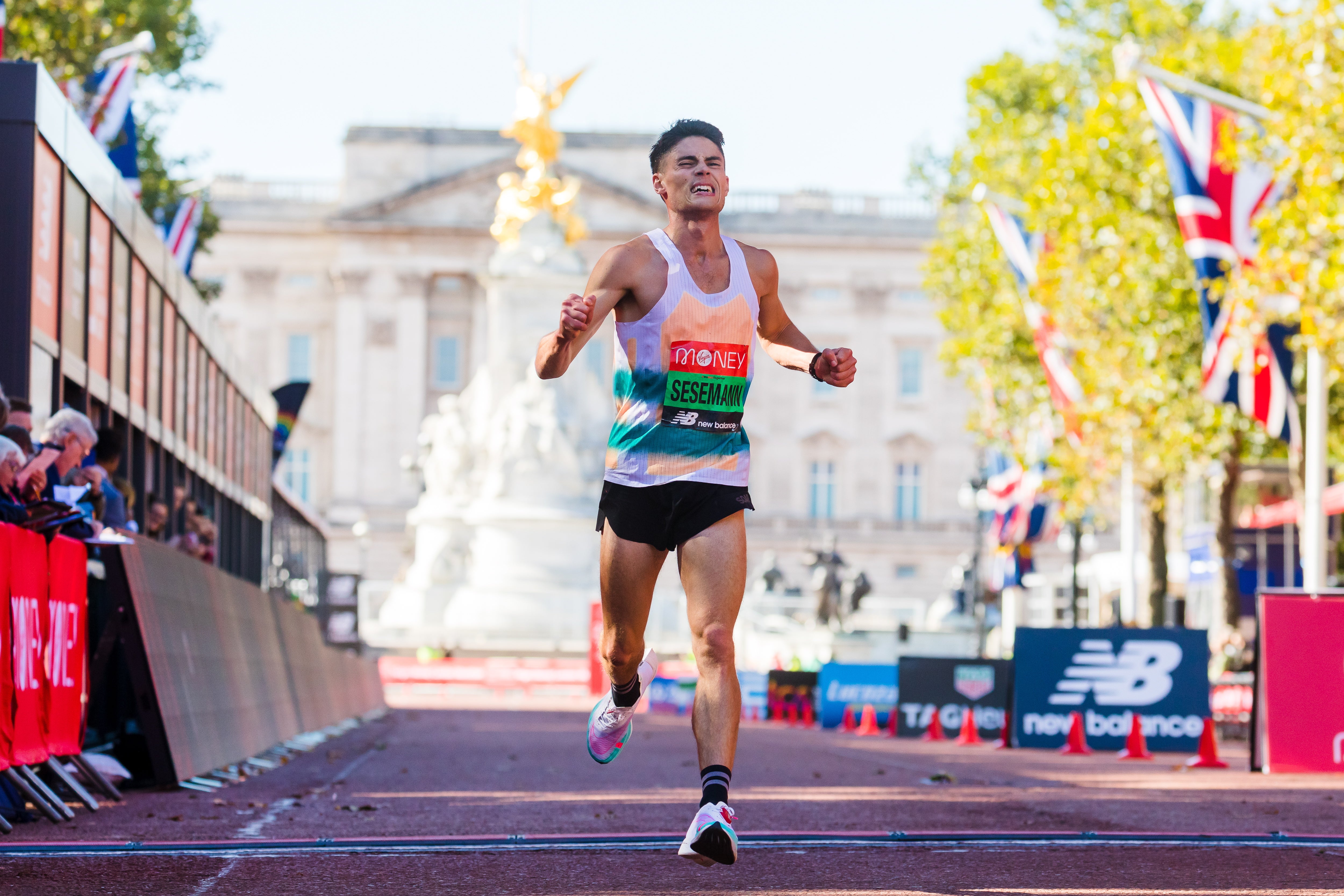 Britain's Phil Sesemann reacts after being the first British athlete to cross the finish line