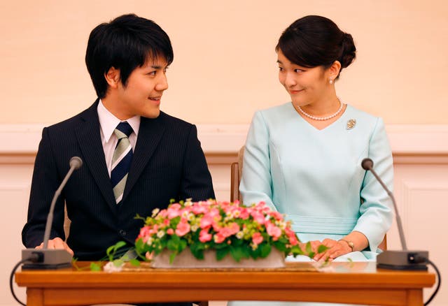 <p>Princess Mako and Kei Komuro during a press conference to announce their engagement in September 2017</p>