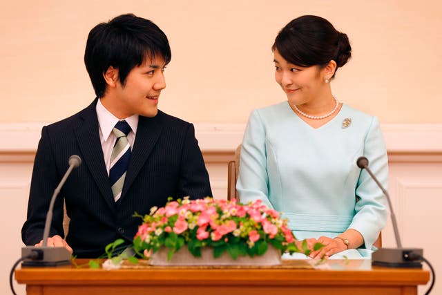 <p>Princess Mako and Kei Komuro during a press conference to announce their engagement in September 2017</p>