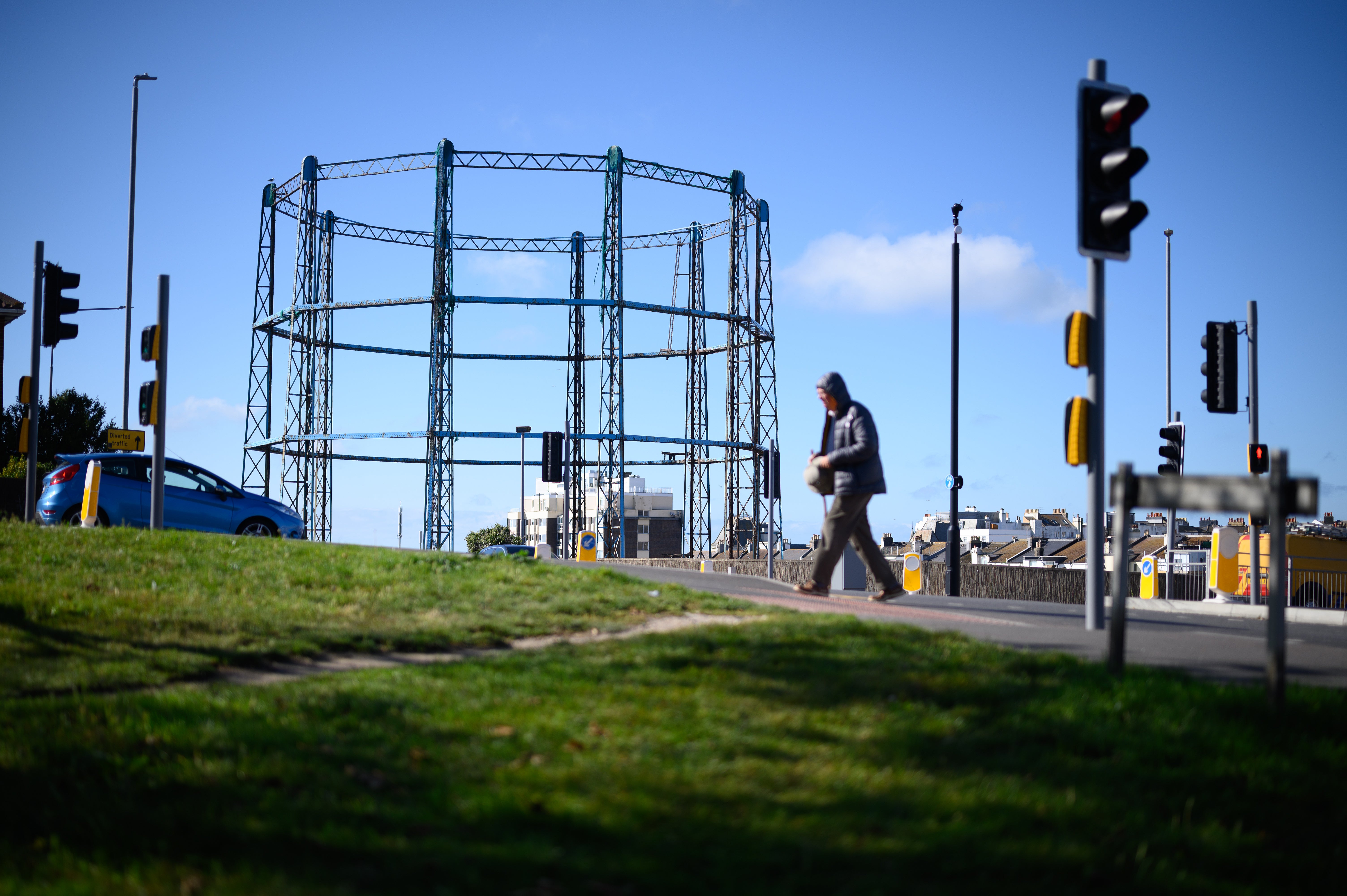 The disused framework of a storage tank at a former gasworks in Brighton