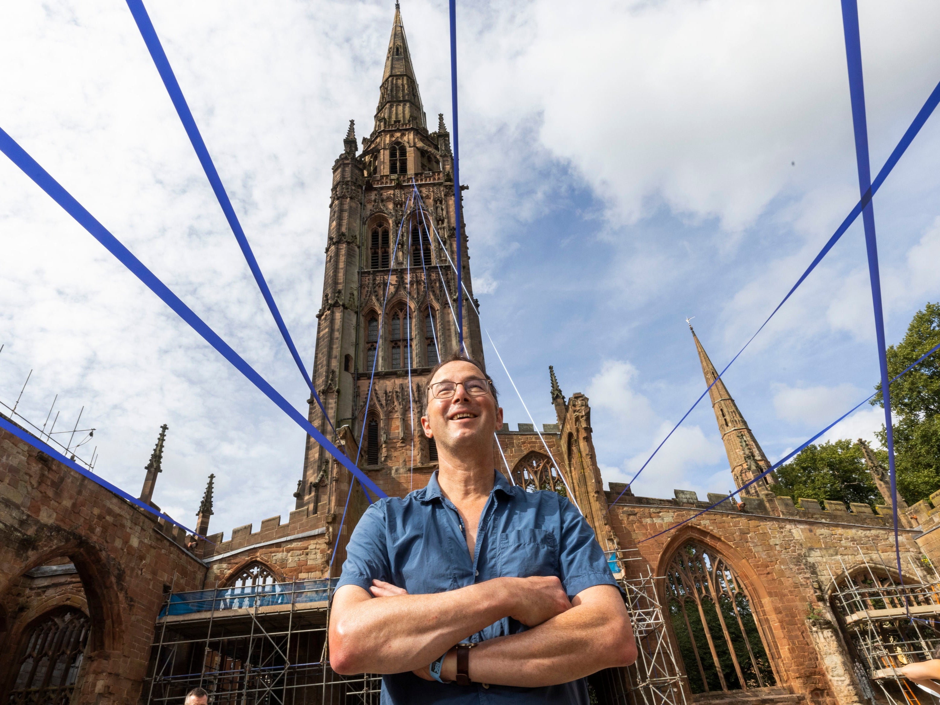 Artist Tom Piper at his Ribbon Installation at Coventry Cathedral as part of Coventry City of Culture's Faith event, which has been co-created with the Royal Shakespeare Company