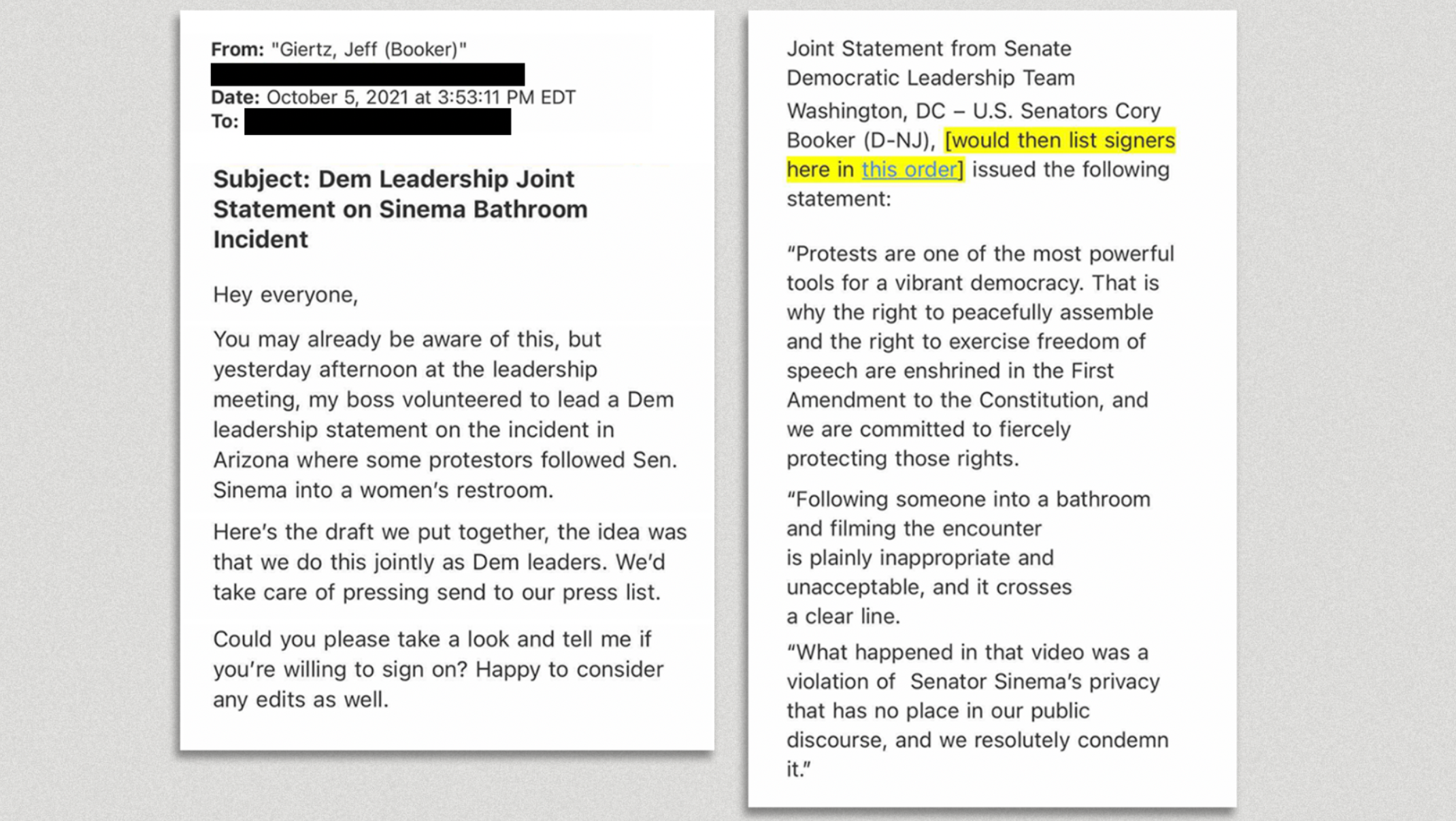 Screenshots of an email exchange between Democratic Senate aides