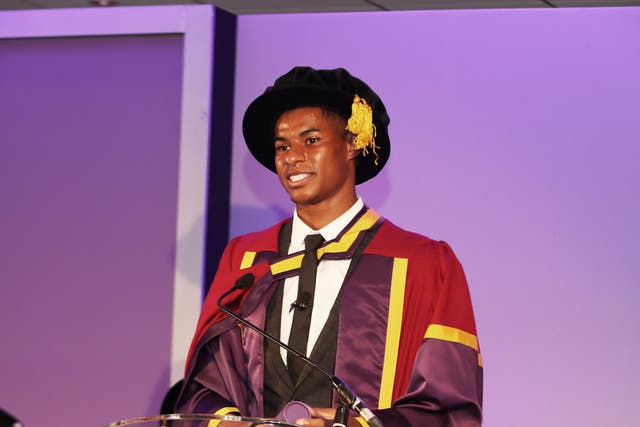 Marcus Rashford collects an honorary doctorate from the University of Manchester at Old Trafford (Manchester United Football Club/PA)