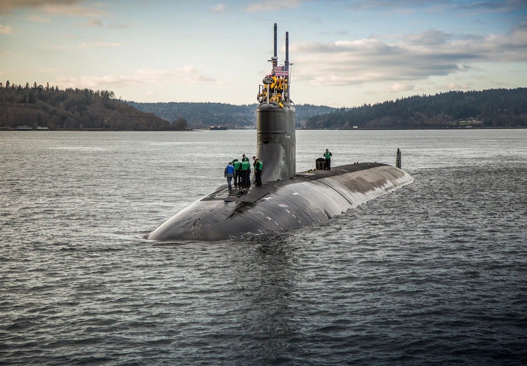 The Seawolf-class fast-attack submarine USS Connecticut (SSN 22) departs Puget Sound Naval Shipyard for sea trials following a maintenance availability