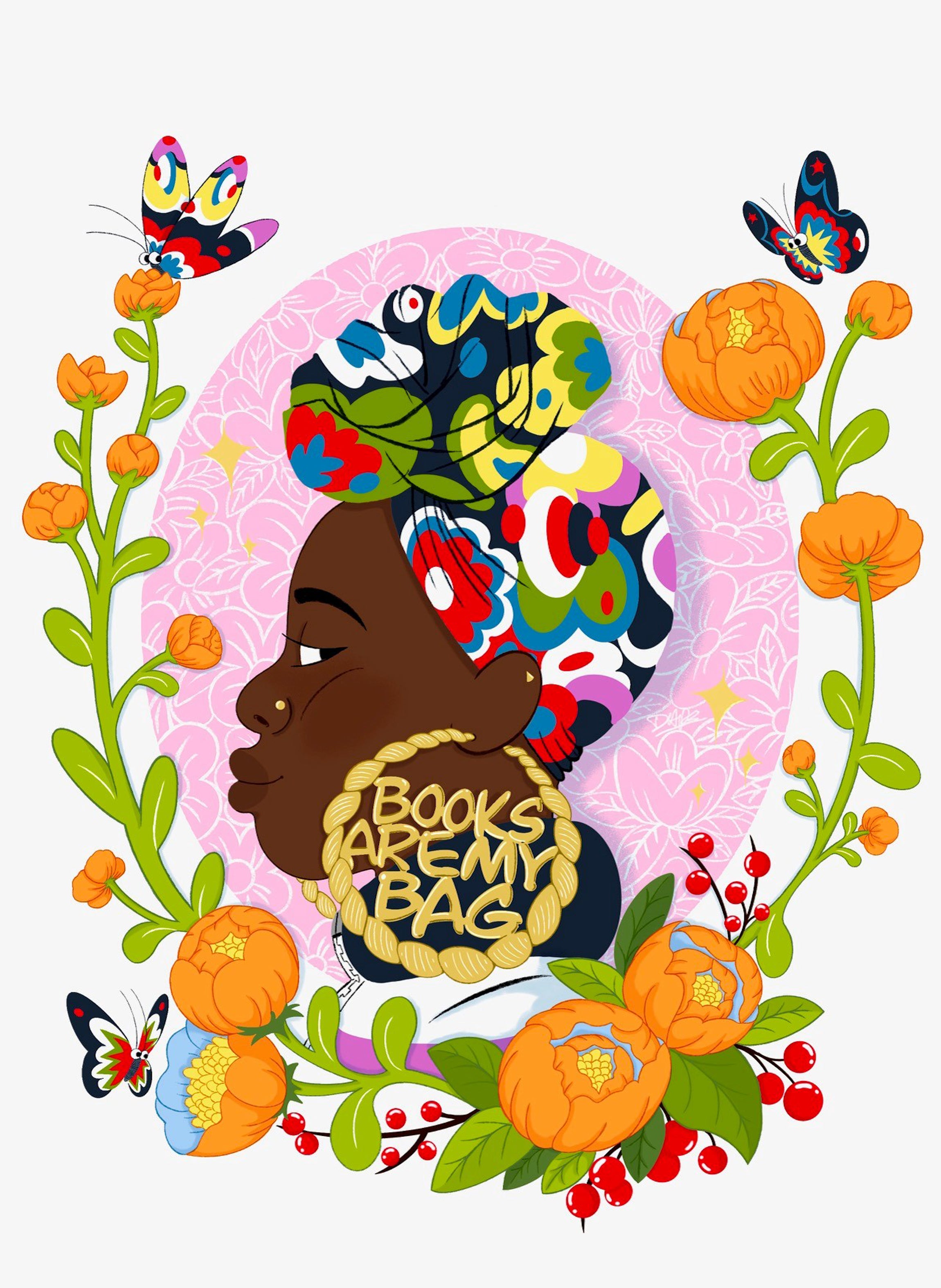 Adeola’s illustration for the Bookshop Day tote bag (Bookshop Bag/PA)
