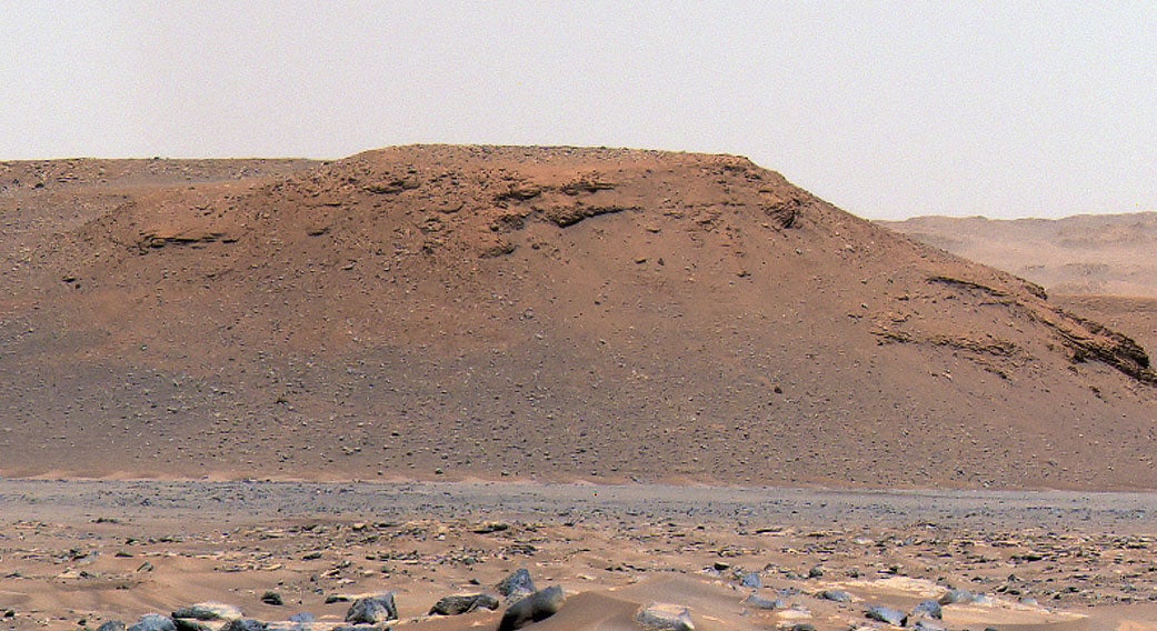The escarpment the science team refers to as “Scarp a” is seen in this image captured by Perseverance rover’s Mastcam-Z instrument on Apr. 17, 2021