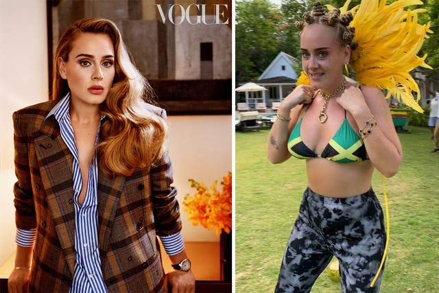 <p>Adele in Vogue (left) and her original Instagram post</p>