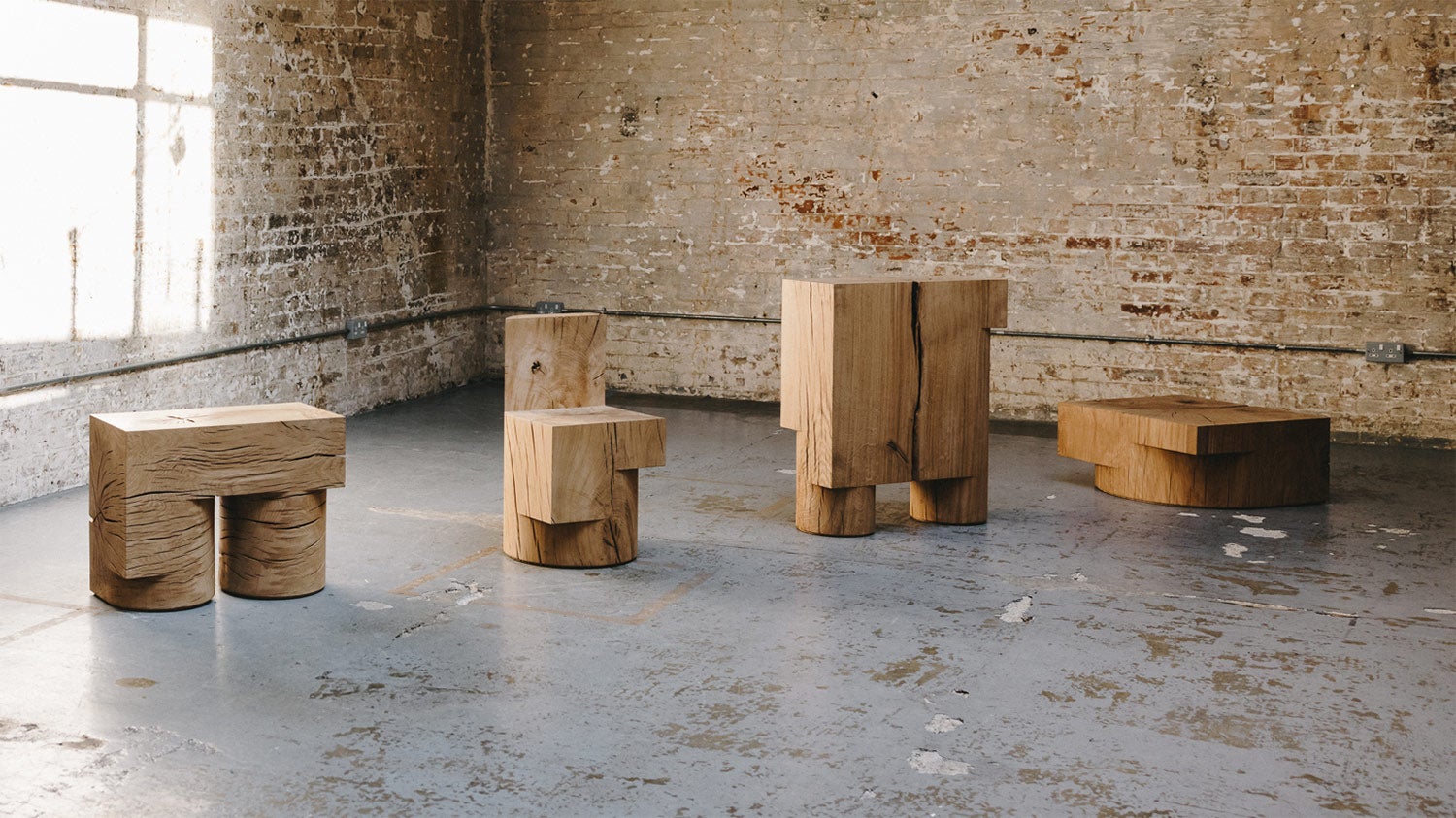 The ‘Off Cuts’ collection, made from tree stumps and crowns, blends rustic materials with modern form