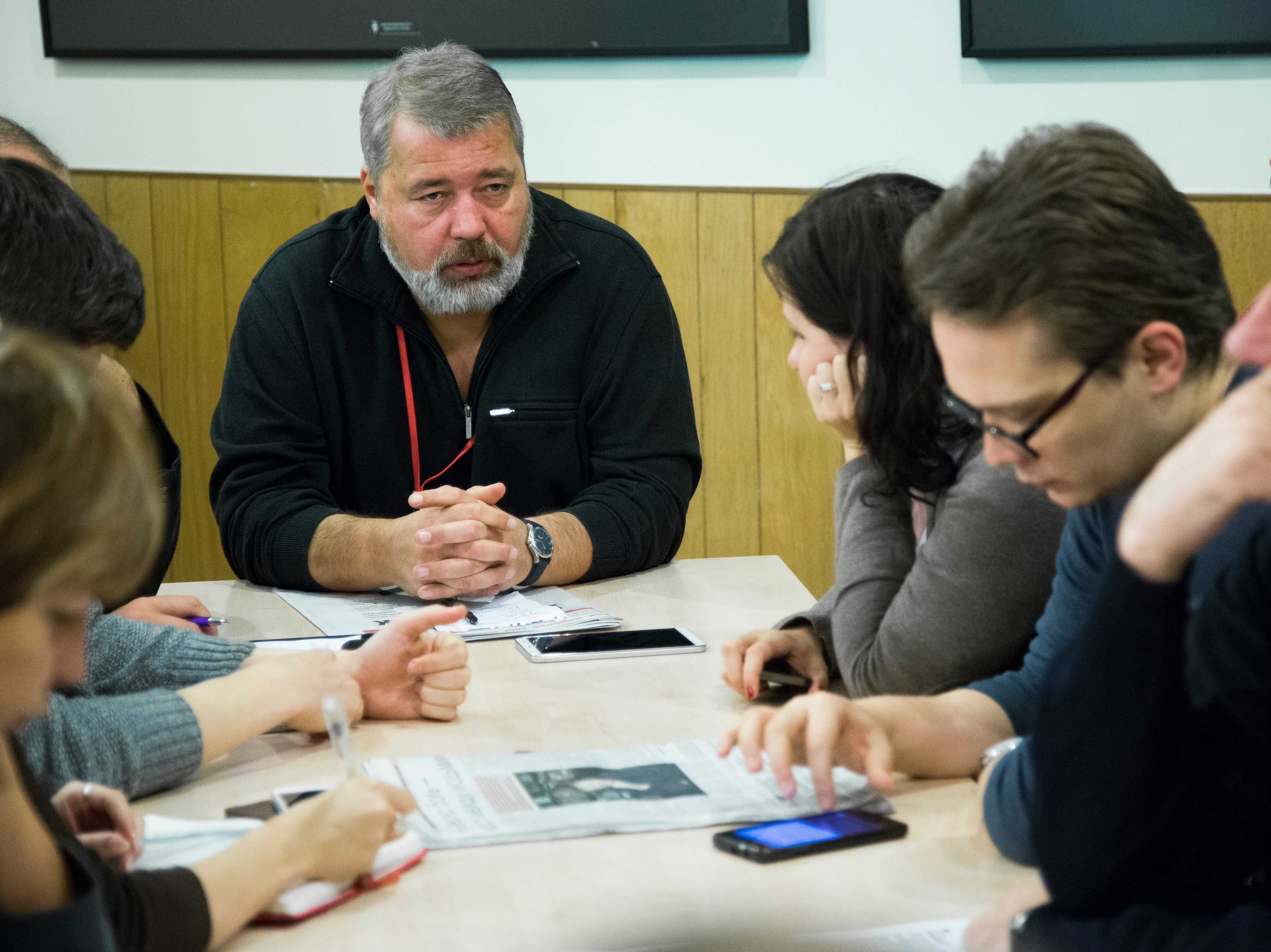 Dmitry Muratov, editor of Novaya Gazeta, attends a planning meeting with the editorial board in Moscow, Russia