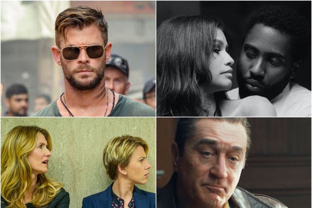<p>Netflix hits (clockwise from top right): ‘Malcolm & Marie’, ‘The Irishman’, ‘Marriage Story’ and ‘Extraction’</p>