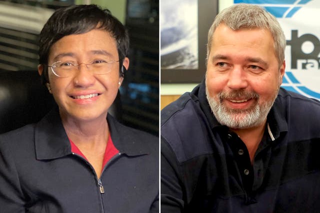 <p>Journalists Maria Ressa of the Philippines (left) and Dmitry Muratov of Russia</p>