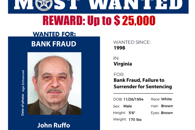 <p>Aged up version of John Ruffo on the US Marshall’s most wanted poster</p>