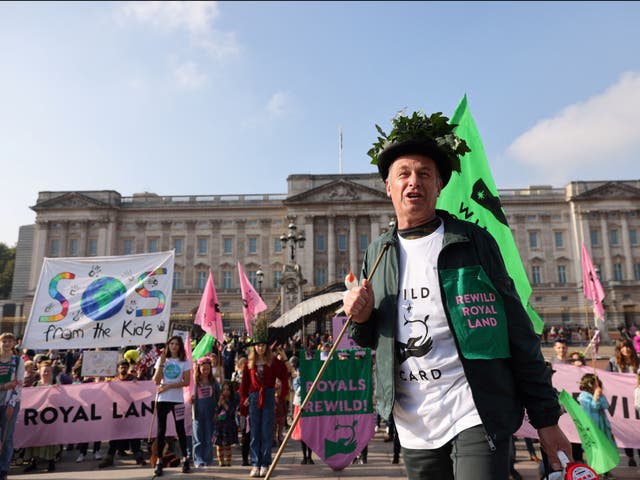 <p>Chris Packham gestures outside Buckingham Palace as school students and parents gather in order to hand over a 100,000-signature petition</p>