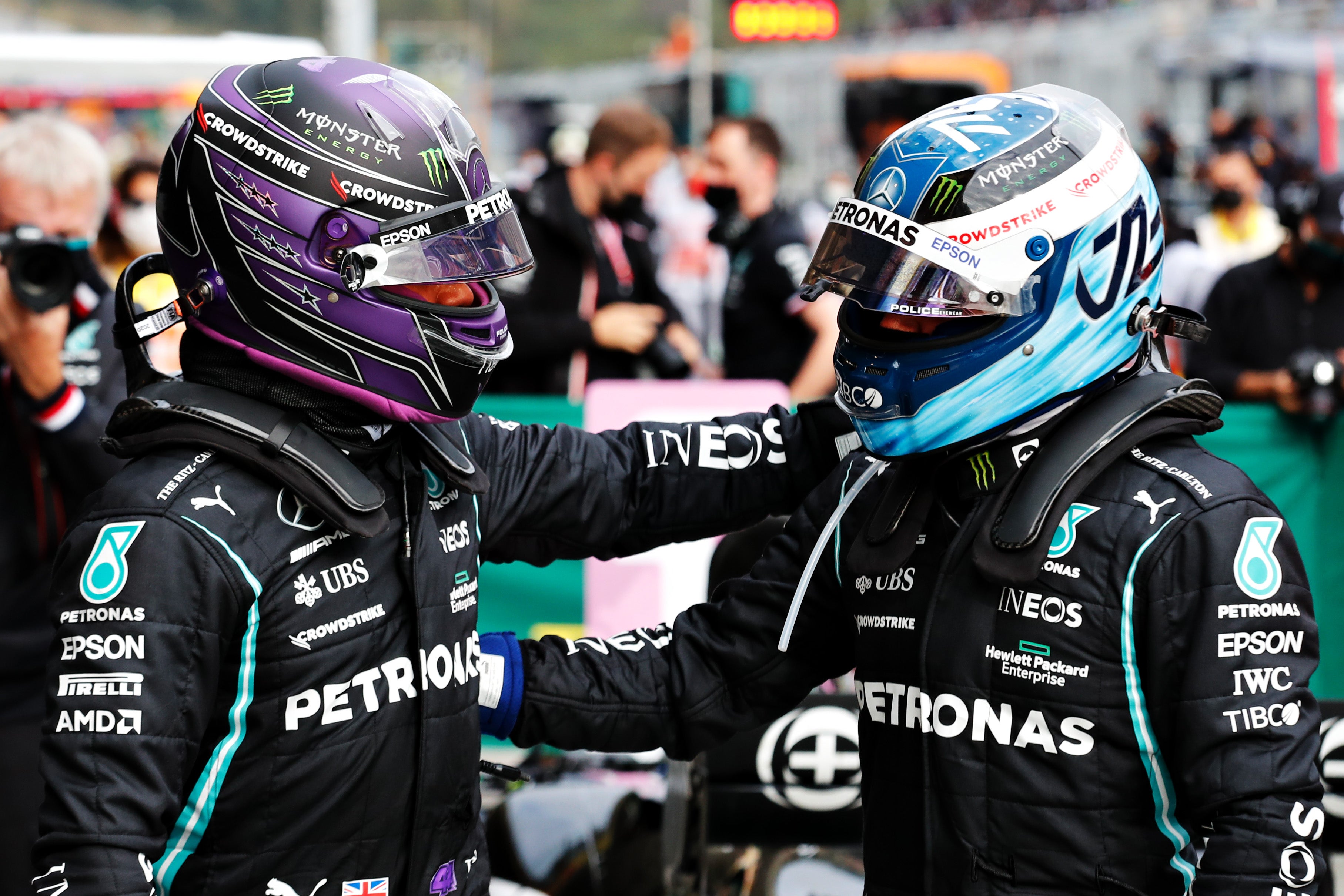 Lewis Hamilton and Valtteri Bottas congratulate each other