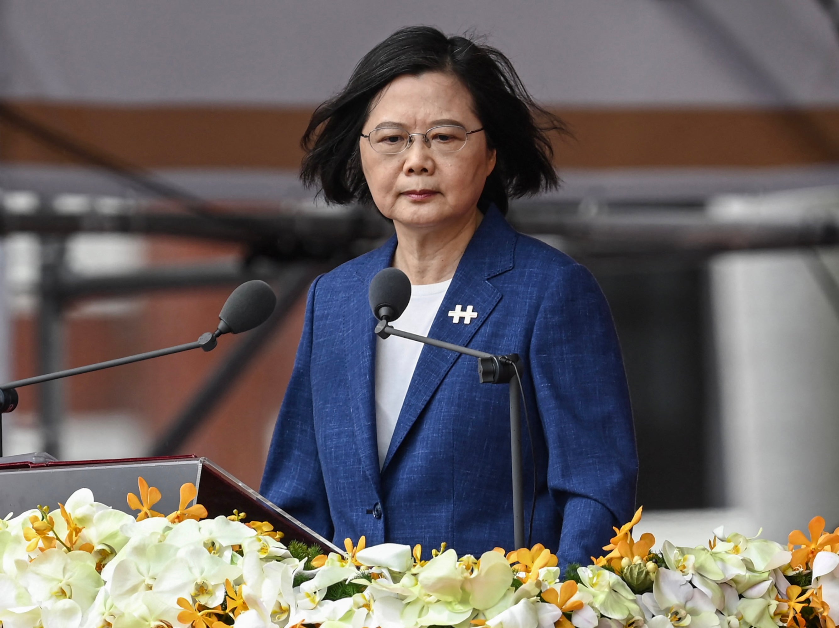 Taiwan’s President Tsai Ing-wen speaks during National Day celebrations in front of the presidential palace in Taipei