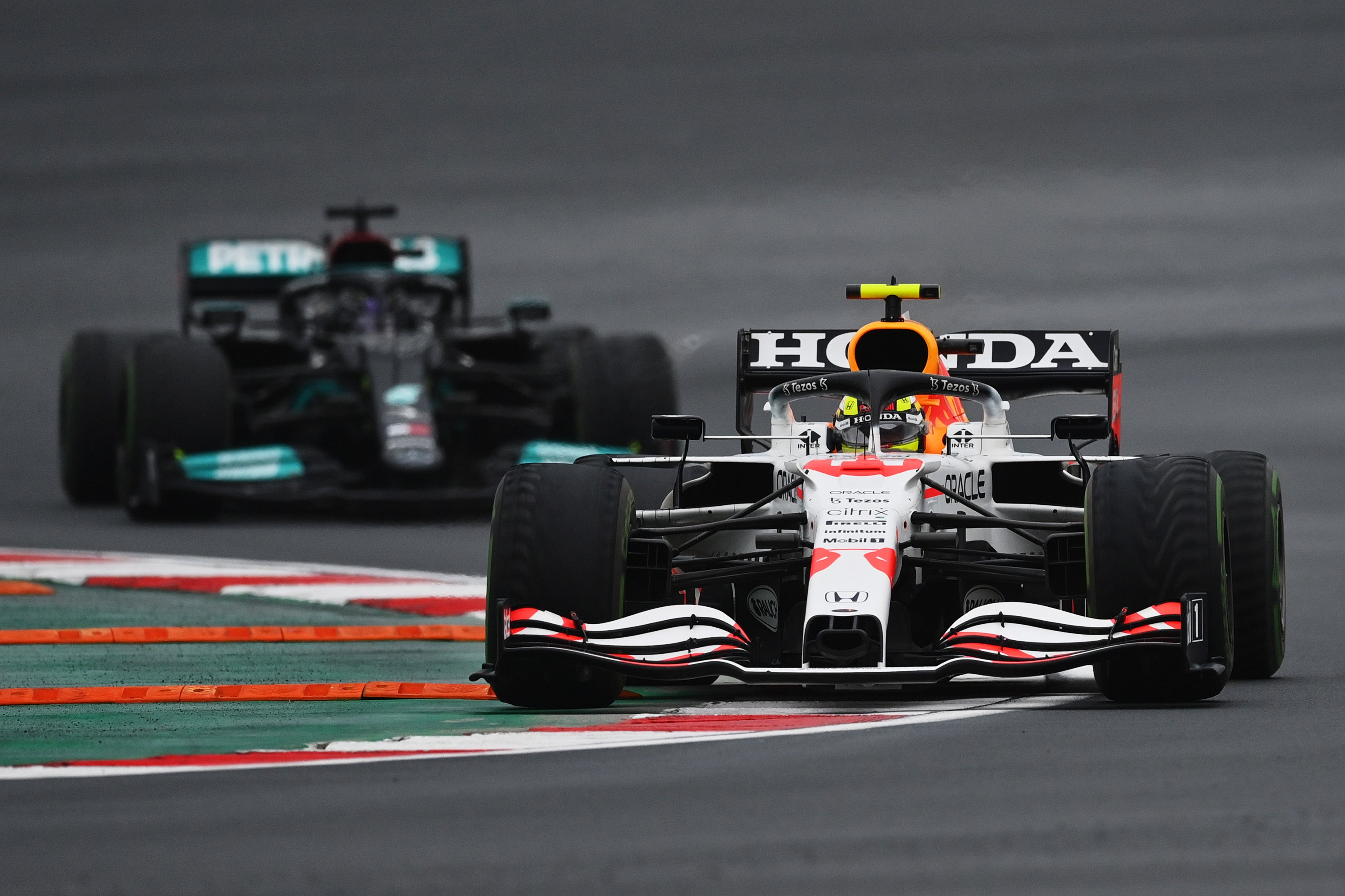 Perez leading Lewis Hamilton at the Turkish GP