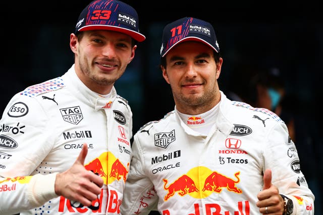<p>Red Bull teammates Max Verstappen (left) and Sergio Perez</p>